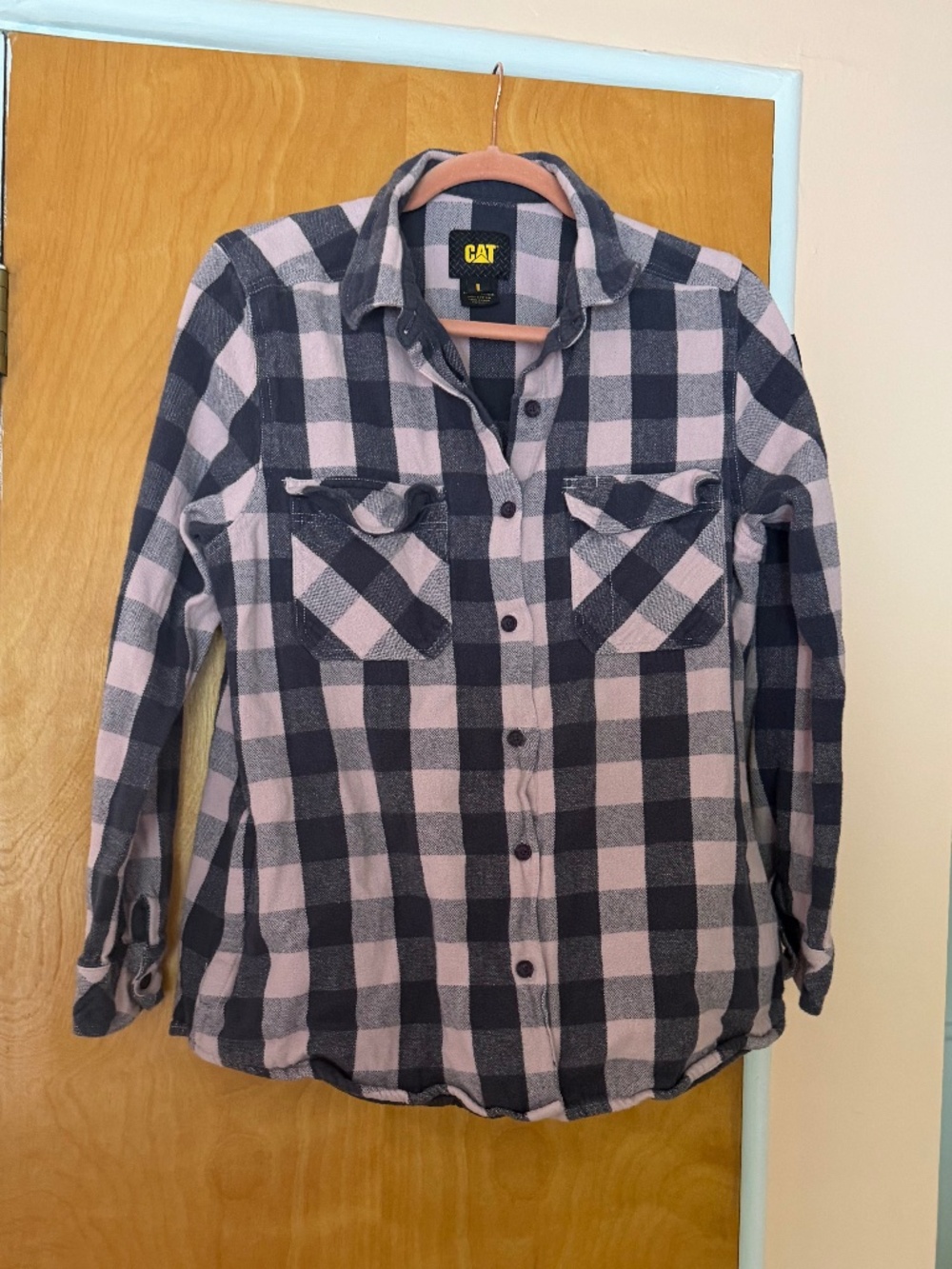 Cat Women's Button Down Jacket with Pockets, Pink Plaid, Size L